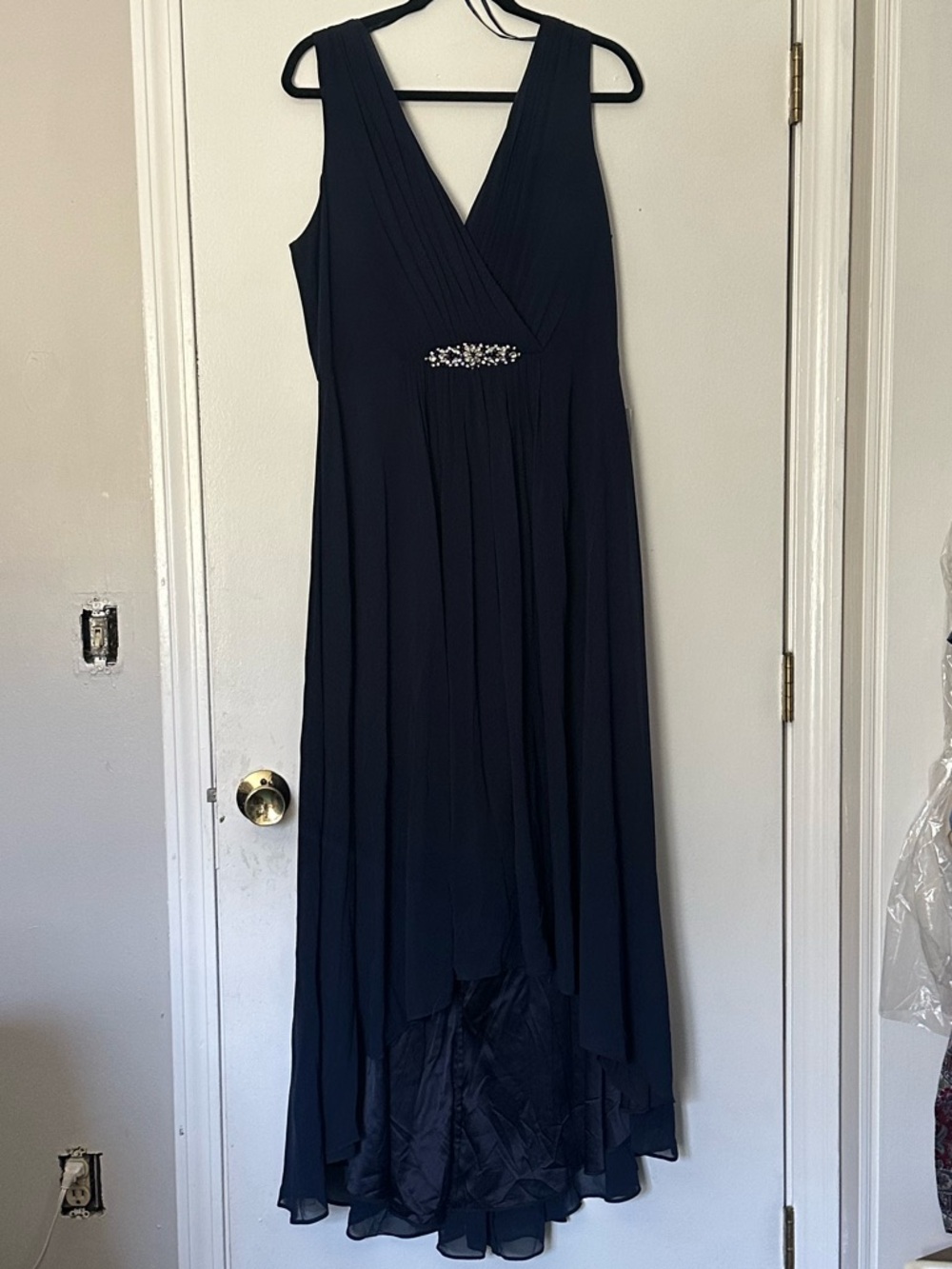 Eliza J Navy V-Neck High-Low Evening Gown with Rhinestone Waist